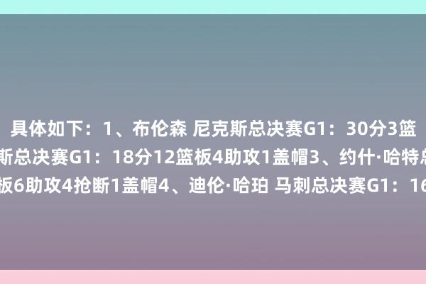 具体如下：1、布伦森 尼克斯总决赛G1：30分3篮板2助攻2、唐斯 尼克斯总决赛G1：18分12篮板4助攻1盖帽3、约什·哈特总决赛G1：3分15篮板6助攻4抢断1盖帽4、迪伦·哈珀 马刺总决赛G1：16分8篮板1助攻1抢断5、文班亚马 马刺总决赛G1：26分12篮板2助攻1抢断3盖帽    体育赛事直播