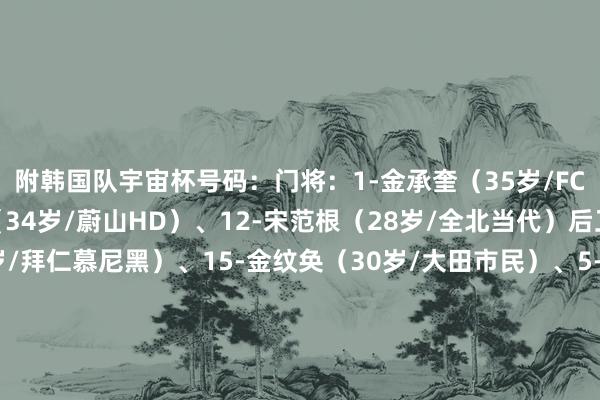 附韩国队宇宙杯号码:门将:1-金承奎(35岁/FC东京)、21-赵贤祐(34岁/蔚山HD)、12-宋范根(28岁/全北当代)后卫:4-金玟哉(29岁/拜仁慕尼黑)、15-金纹奂(30岁/大田市民)、5-金太炫(25岁/鹿岛鹿角)、16-朴镇燮(30岁/浙江)、22-薛英佑(27岁/贝尔格莱德红星)、23-卡斯特罗普(22岁/门兴)、3-李期奕(25岁/江原FC)、13-李太锡(23岁/奥地利维也纳)、2-李韩汎(23岁/中日德兰)、14-赵伟济(25岁/全北当代)中场:24-金镇圭(29岁/全北当代)、17-裴峻浩(22岁/斯托克城)、8-白昇浩(29岁/伯明翰)、20-杨贤俊(23岁/凯尔特东说念主)、25-严智星(24岁/斯旺西)、19-李刚仁(25岁/巴黎圣日耳曼)、26-李东炅(28岁/蔚山HD)、10-李在城(33岁/好意思因茨)、6-黄仁范(29岁/费耶诺德)、11-黄喜灿(30岁/狼队)前卫:7-孙兴慜(33岁/洛杉矶FC)、18-吴贤揆(25岁/贝西克塔斯)、9-曹圭成(28岁/中日德兰) 体育集锦